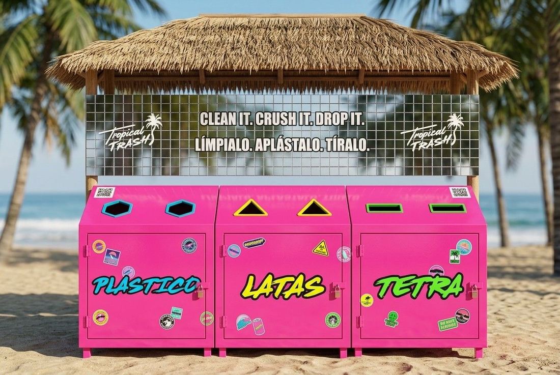 Tropical Trash community sorting station concept — palapa roof, three streams